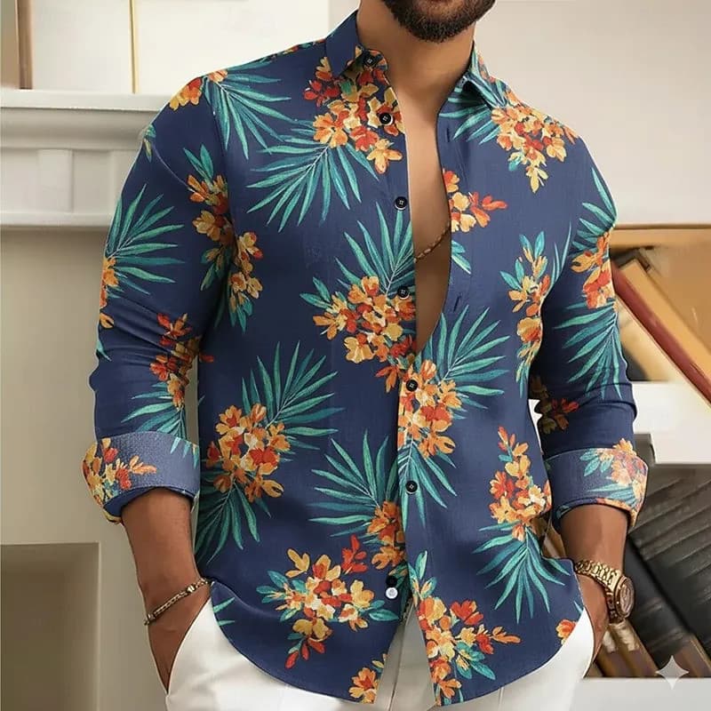 Camisa Masculina com Estampa de Folhas de Palmeira e Flores, Camisa de Botões de Manga Longa, Moda Casual Diária de Outo