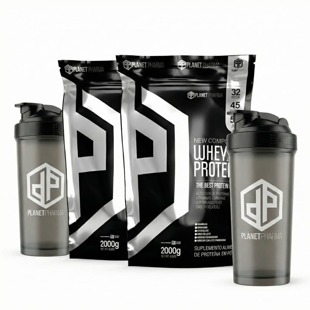Kit 2X Whey Protein 100% 32g de Proteína 2Kg + 2X Coqueteleira 600ml - Planet Pharma