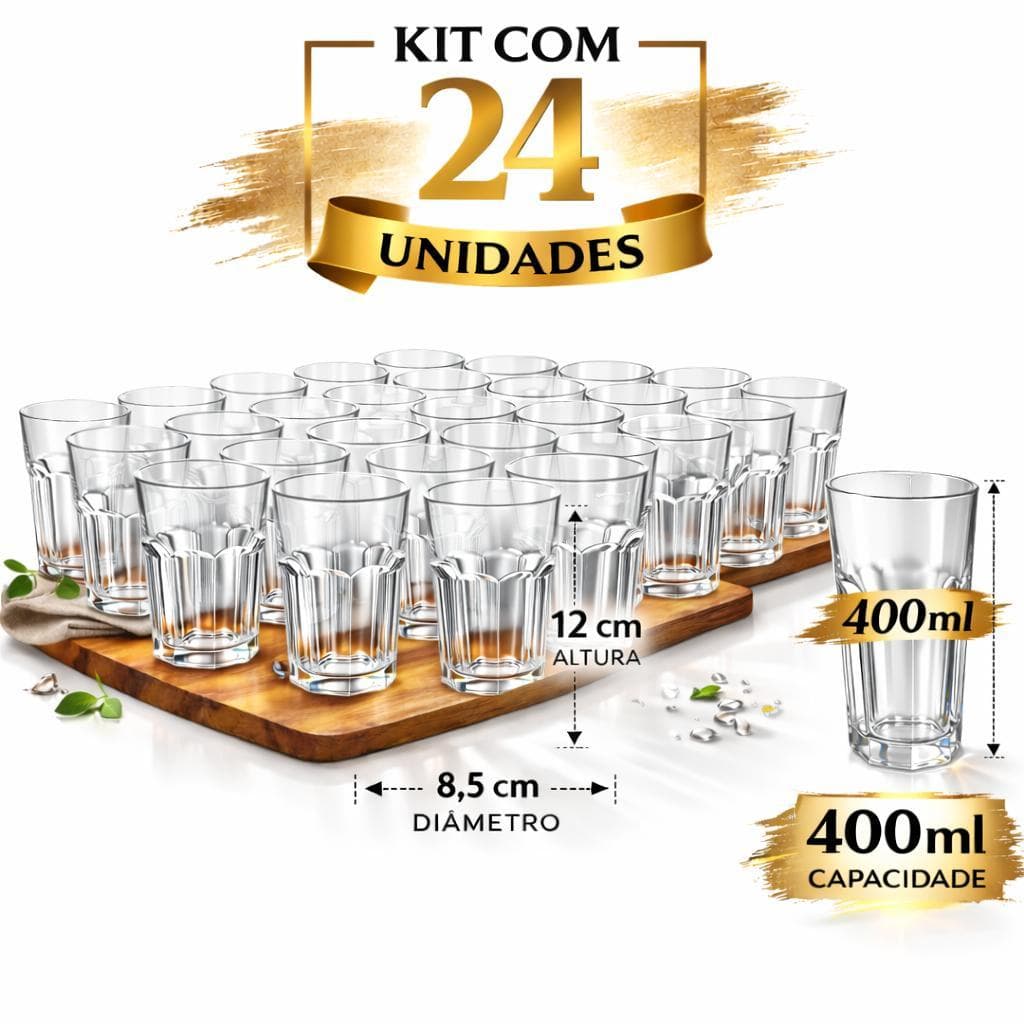 Kit 24 Copos de Vidro Transparente 400ml Suco Drinks Refrigerante Restaurante