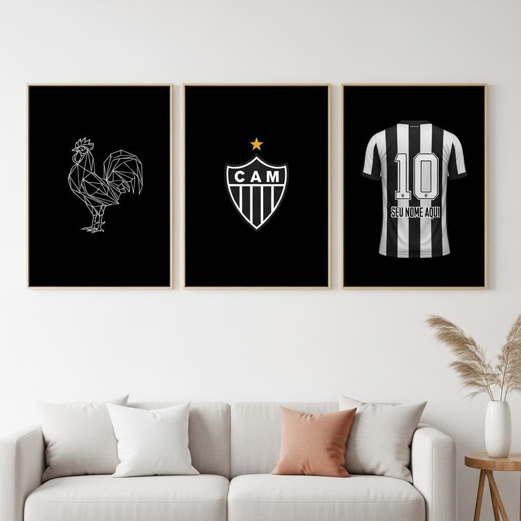 Quadro Atlético Mineiro Kit 3 Quadros CAM Personalizado com Nome Decoração Torcedor Galo