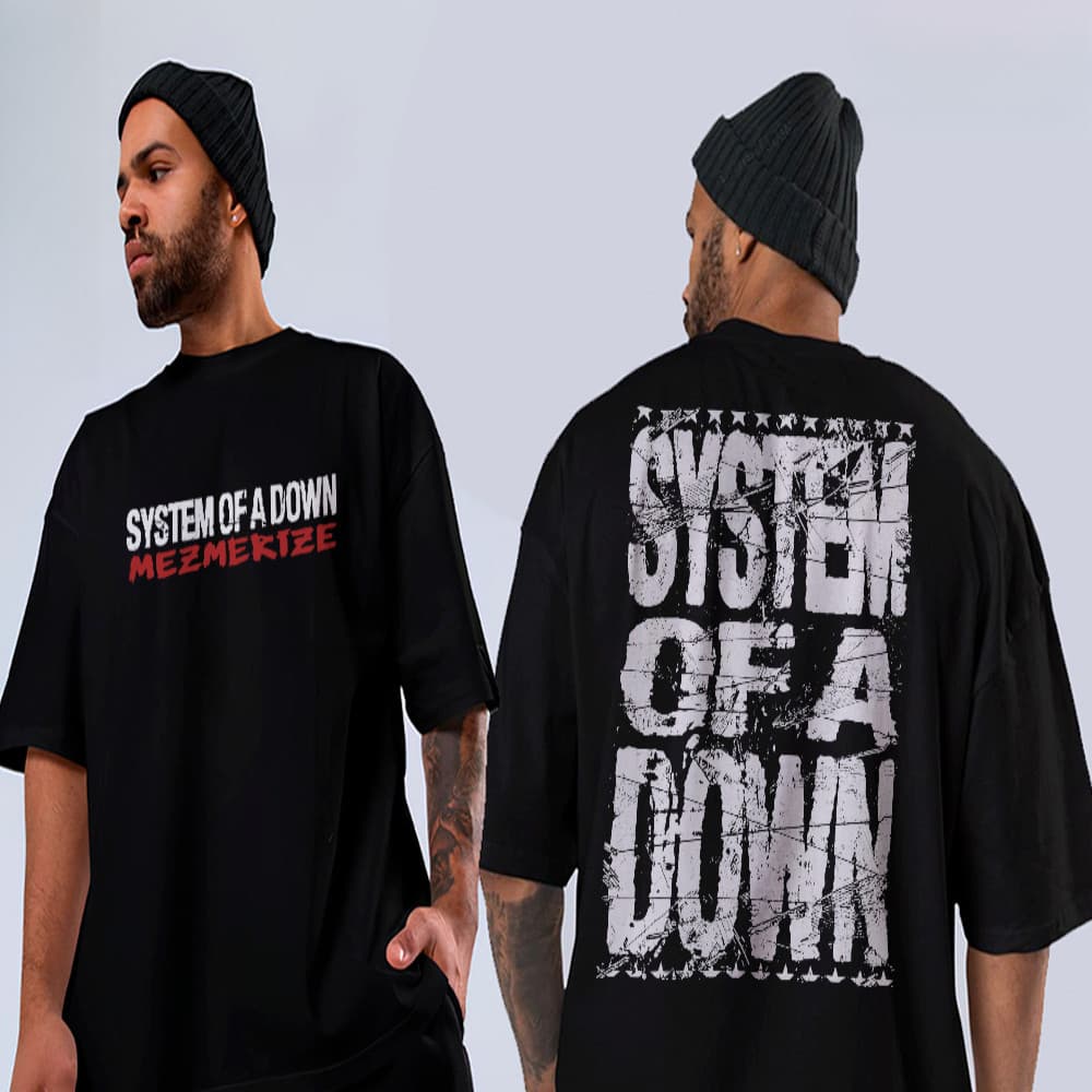 [Camiseta Premium em Algodão Puro]HYP Camiseta Basica e OVERSIZED System Of Down Mezmerize Rock N Roll World Tour Unisse