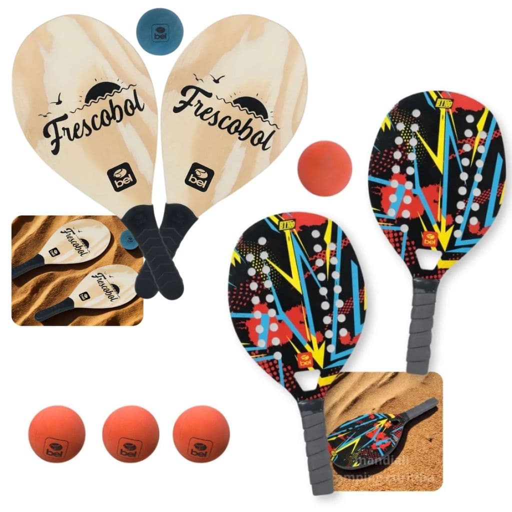 Kit Diversão Praia Beach Tennis Par Raquetes Red + Par Frescobol Madeira + 5 Bolinhas Borracha Colorida