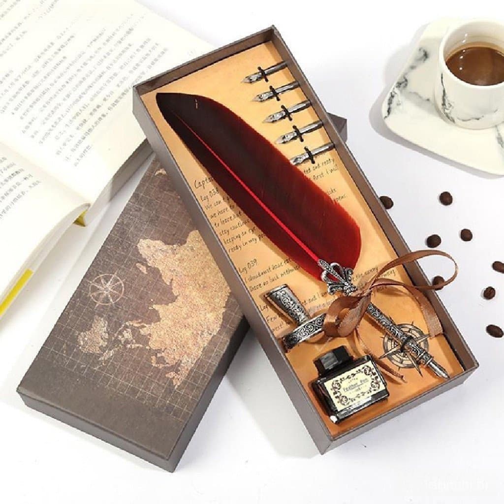1 conjunto de caneta esferográfica de pena retrô
