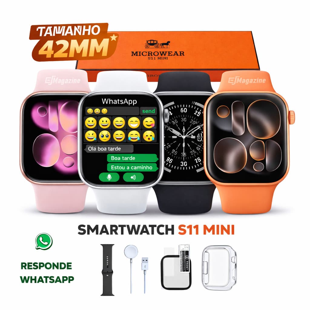 Relogio Smartwatch Microwear S11 Mini 42mm Responde WhatsApp Chat GPT Pulsos Finos 2 Pulseiras