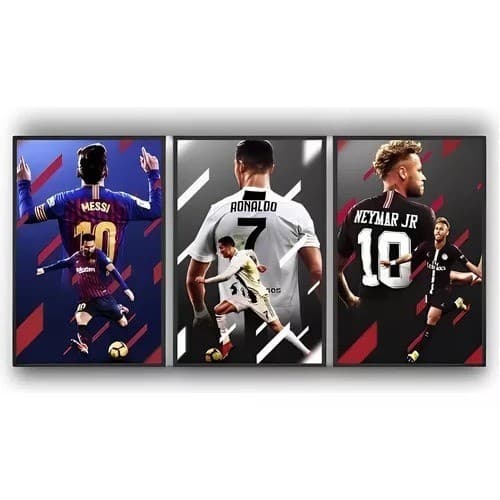 Quadros Neymar Cristiano Ronaldo Messi 50x30 Futebol Decoração Premium