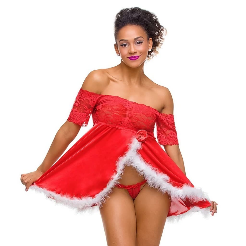 Kit Vestido Noel Sensual Em Cetim E Renda Com Calcinha