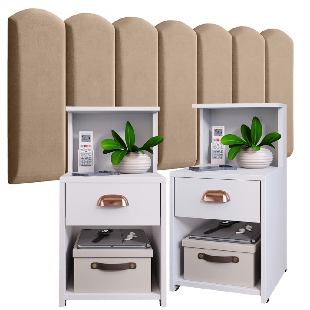 Cabeceira Módulo Nuvem + Mesa de Cabeceira Cléo 1 Gaveta: Conjunto Estofado e Moderno para Quarto - Várias Cores
