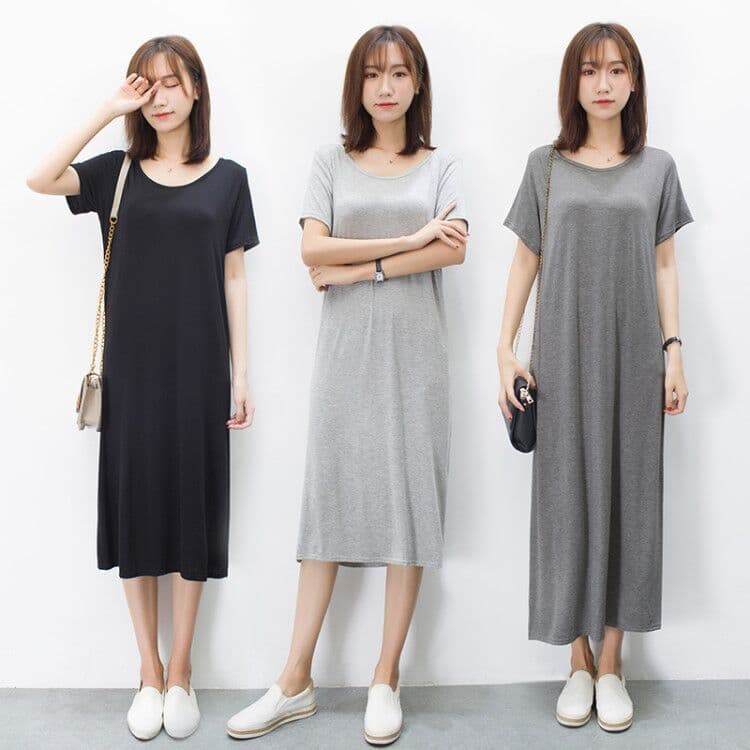 2025 novo estilo de manga curta Modal saia longa tamanho grande mais magro olhar camiseta saia vestido feminino verão so