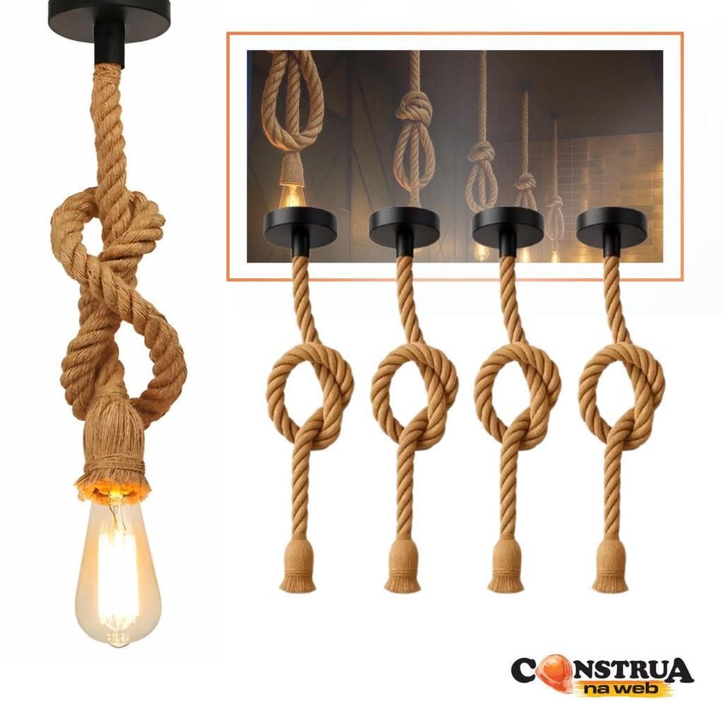 Luminária Pendente Corda Sisal 1,5 Metros Retro Vintage Rústico Bivolt 110v 220v Decorativo E27