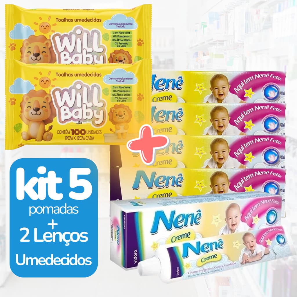 Kit Pomada Assadura Nenê Creme 45g 5 Unidades + Lenço Umedecido Will Baby 100un 2 Unidades Higiene Bebê