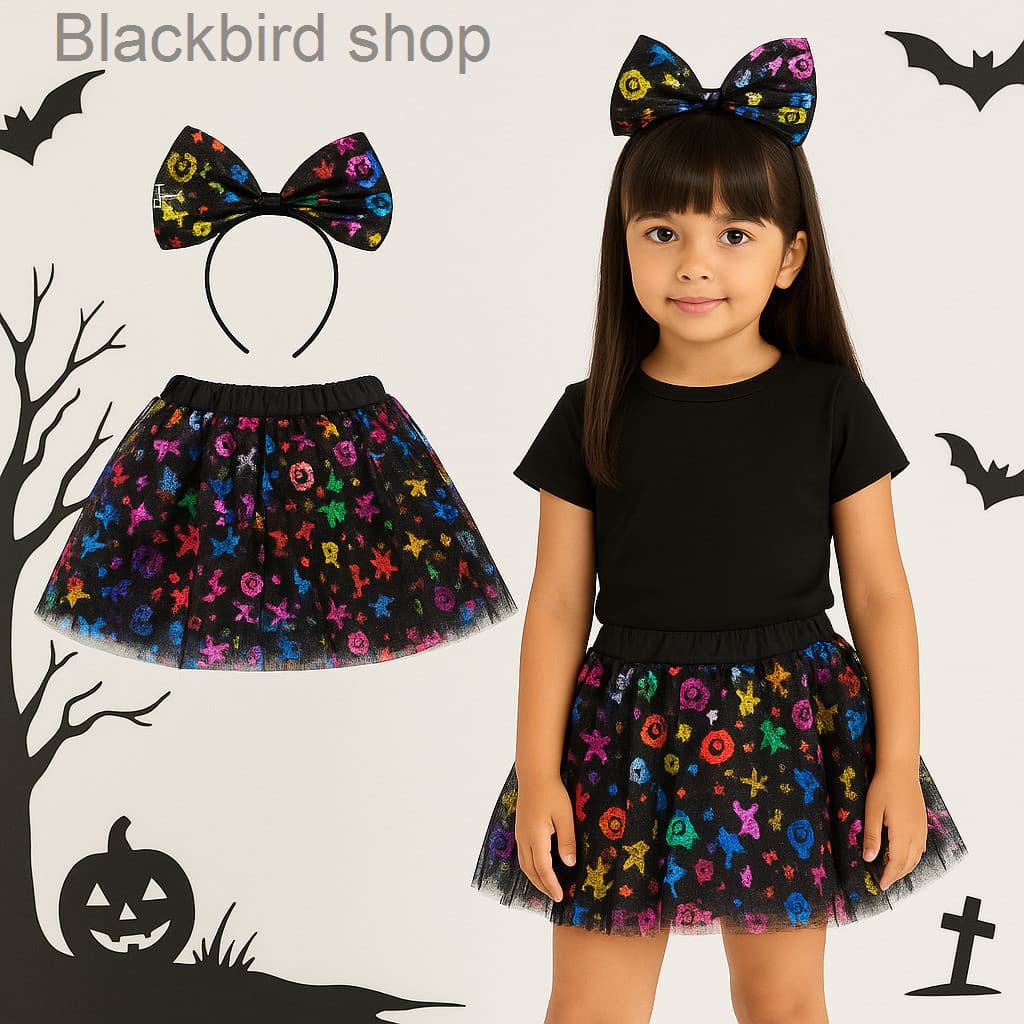 (V)Fantasia Infantil Halloween com Saia Colorida e Tiara Brilhante 🎃1C7Z