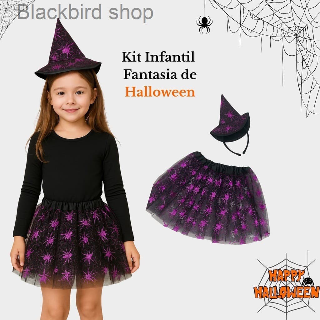 (V)Fantasia Infantil Bruxinha Roxa com Saia Tule e Chapéu – Tema HalloweenCWL6