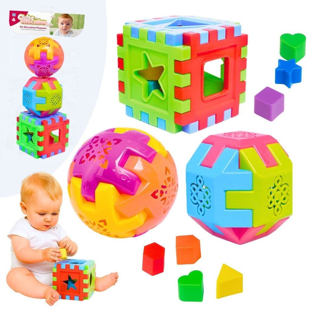 Kit Brinquedo Educativo Cubo Bola Didática Infantil Peças Colorido Encaixe Geométricos Pedagógico