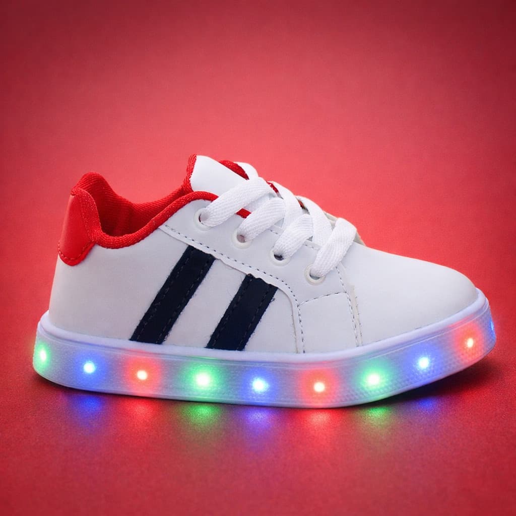Tenis Calçado de Menino Luz Led Acende Branco Preto e Vermelho Escolar Infantil