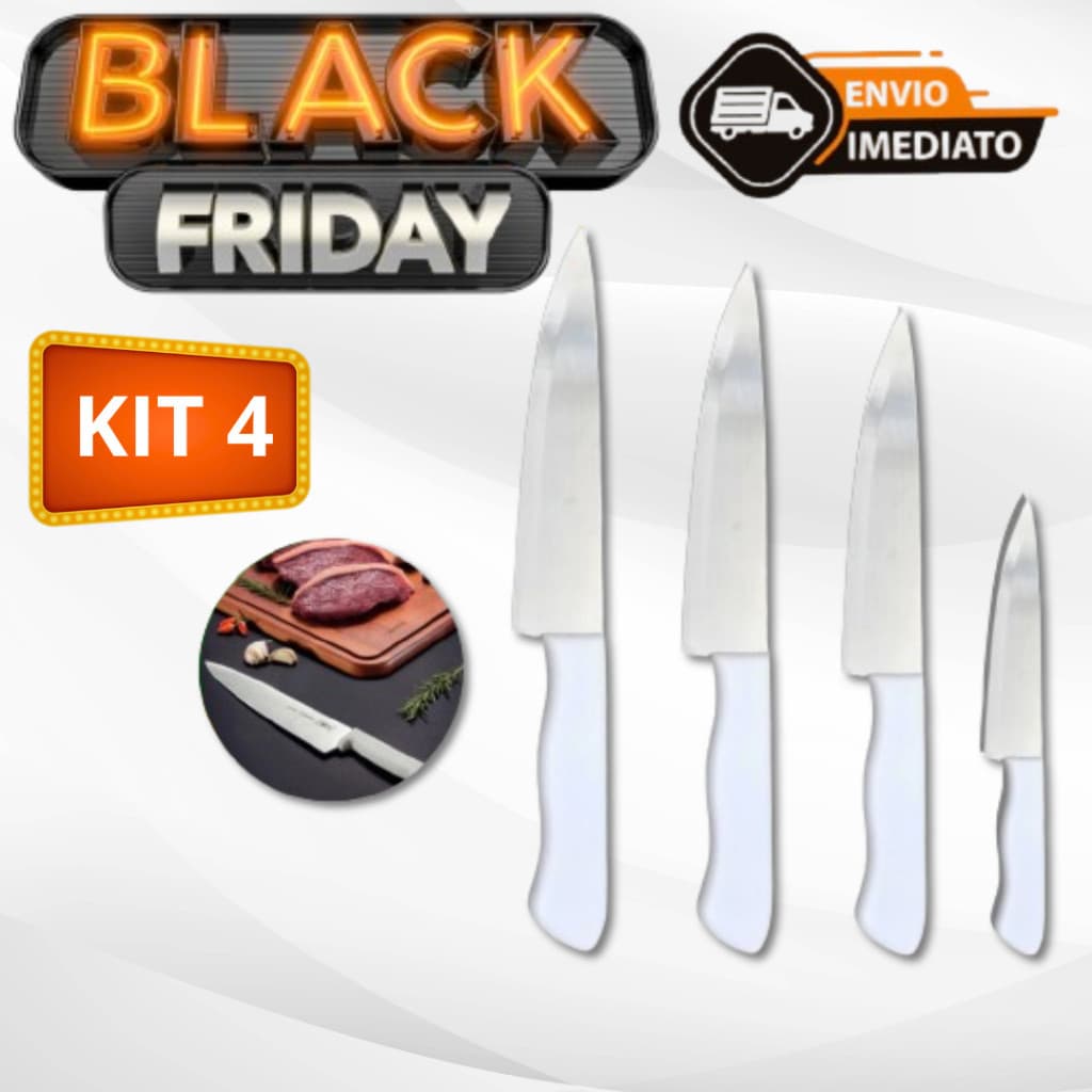 Kit 04 Faca De Cozinha Inox Peixeira Do Chef Com Cabo Branco 7' 6' 5' 3,5' Polegadas Profissional