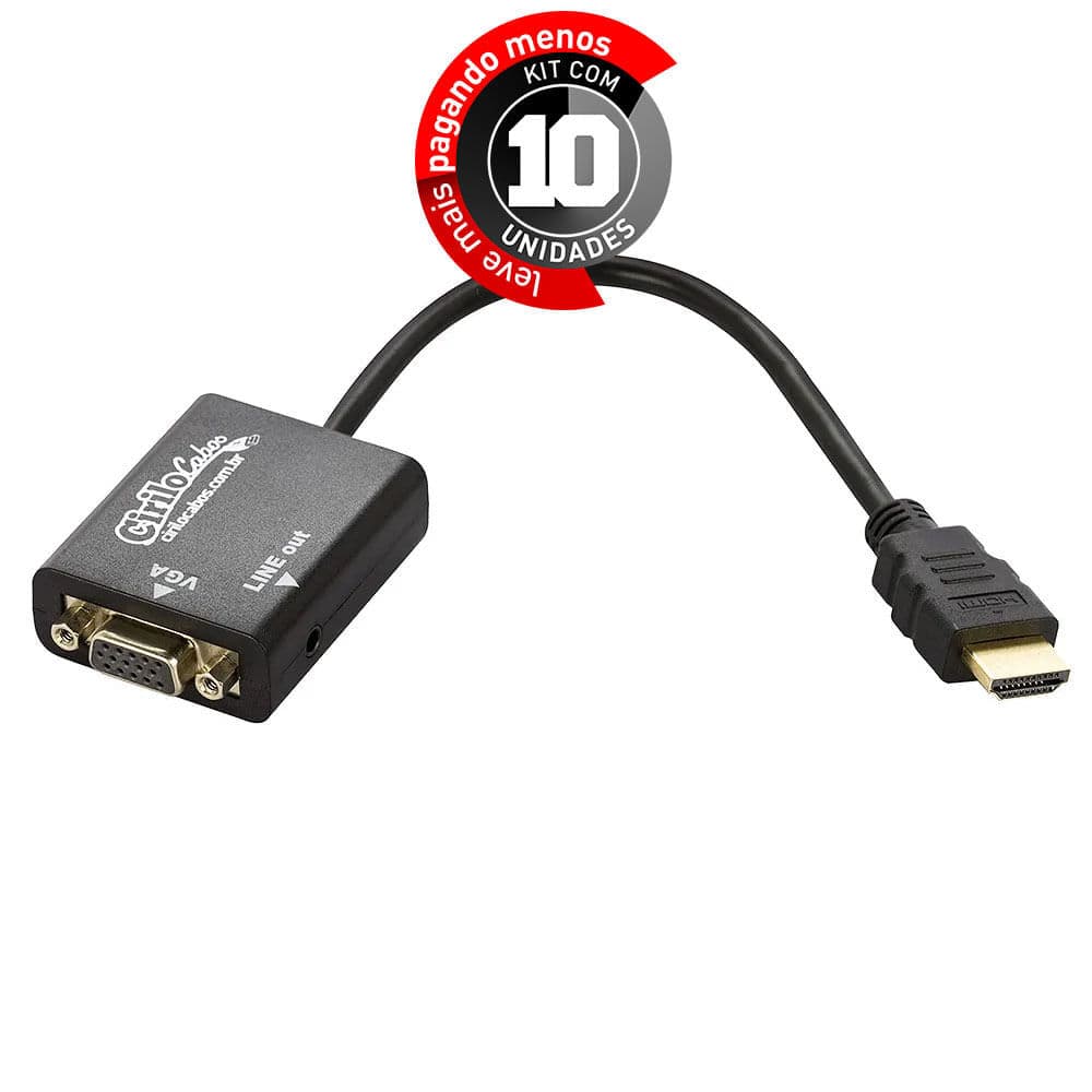 Conversor Hdmi Para Vga Com Áudio 20 Cm - Kit Com 10