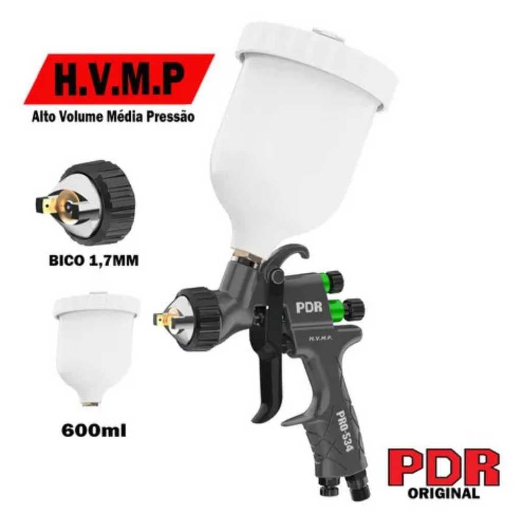 Pistola Pintura Veicular Gravidade Hvmp Bico 1,7mm 600ml Pdr 534 Profissional Cor Cinza