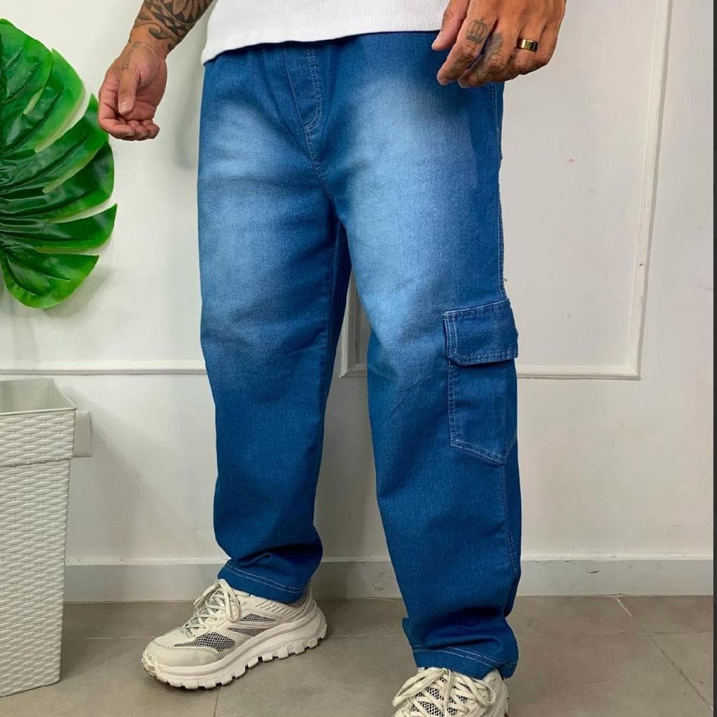 Calça Cargo Jateado Clara Masculina Streetwear Premium Larga