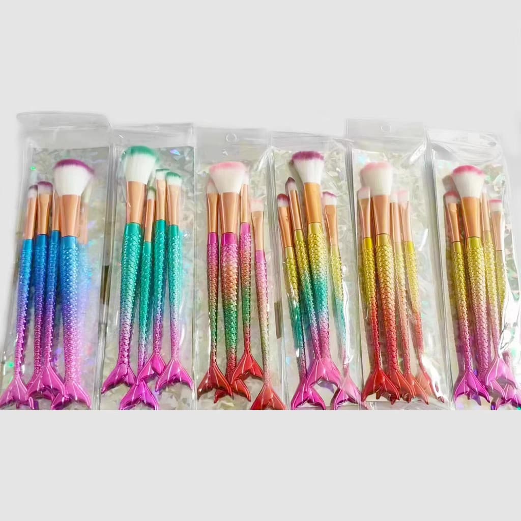 Kit de Pincéis de Maquiagem Sereia – 4 Peças com Cerdas Sintéticas, Design Cauda de Peixe em Gradiente Make Profissional