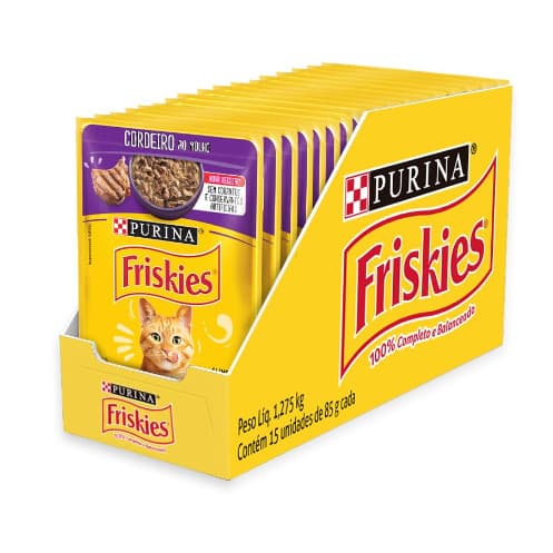 Caixa de sachê Friskies para gatos adultos sabor cordeiro ao molho 85g. com 15 unidades