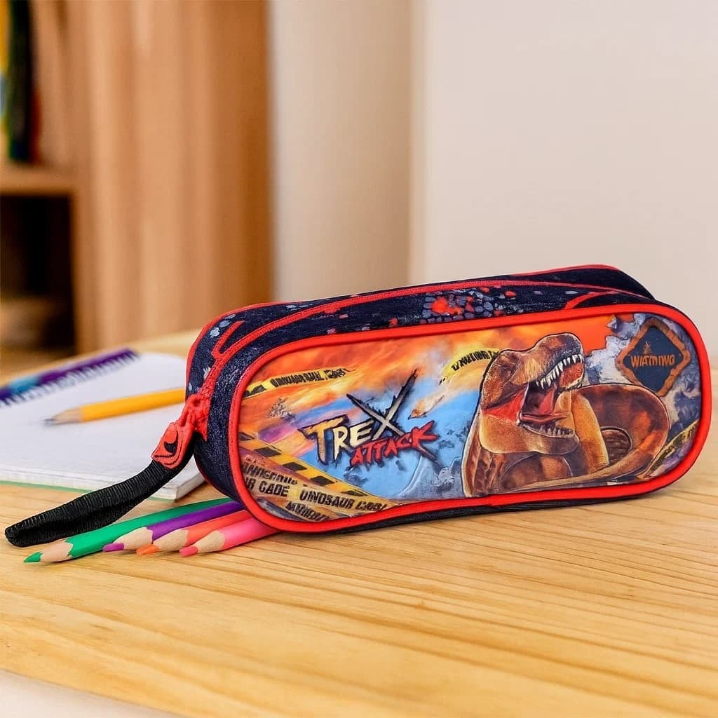 Estojo Escolar T Rex Attack Preto Vermelho Porta Caneta Lápis Corretivo Borracha Apontador Bolsa