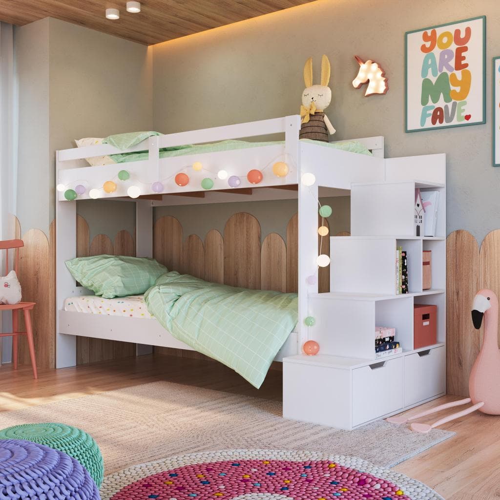 Cama Infantil Beliche Bicama 188x78cm com Escada com Nichos Grade de Proteção e Gavetas Branca