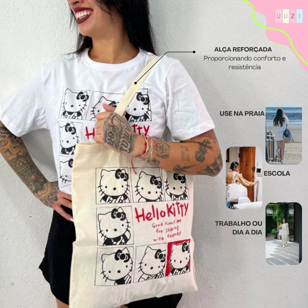 Ecobag Hello Kitty Algodão Cru Sustentável Fofa Desenho Bolsa Sacola Eco Casual