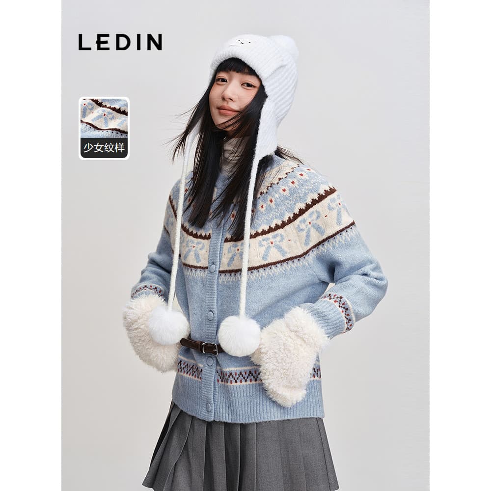 [Série Ilha Phil] Komachi Contraste Color Line Cardigan Feminino Suéter de Malha Azul Solto Suéter Jaqueta