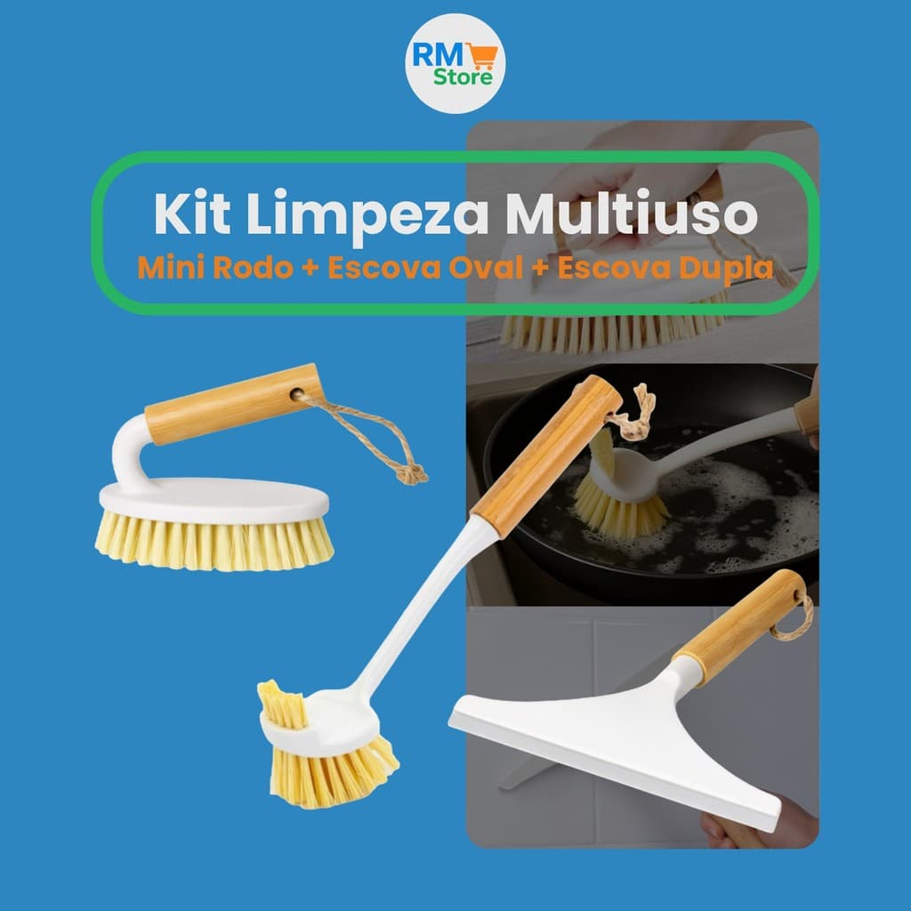 Kit Limpeza Banheiro e Cozinha: Rodo de Pia + Escova Oval + Escova Duo Cabo de Bambu – Mais Prático!