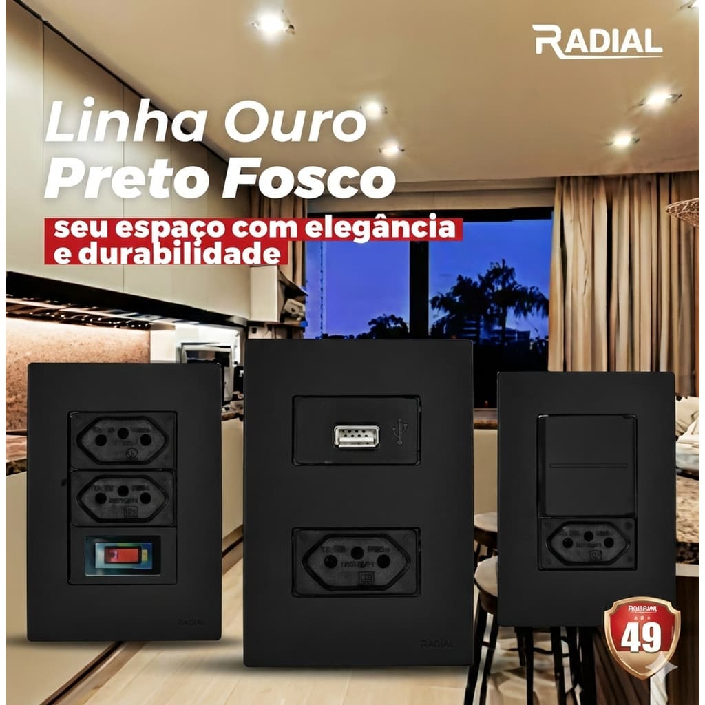 Radial Linha Ouro Preto Interruptors e Tomadas.