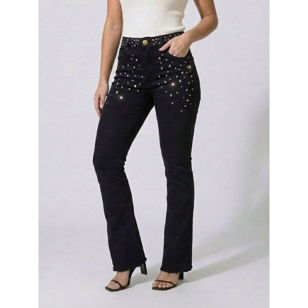 Calça Feminina Flare Jeans Preto com Cós de Strass e Pedraria Mix Premium Calça Jeans Boca de Sino