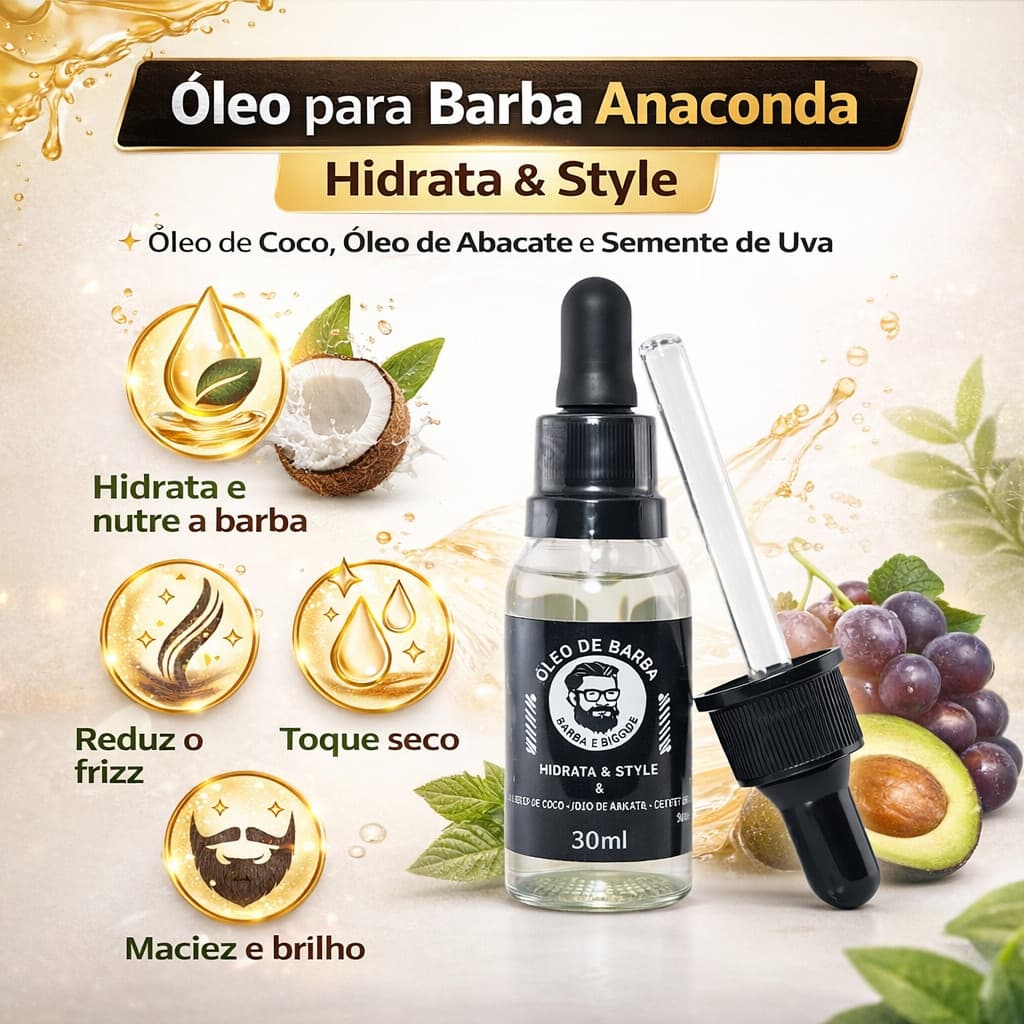 Óleo para Barba – Hidrata com Óleo de Coco, Abacate e Semente de Uva - Anaconda 30ml