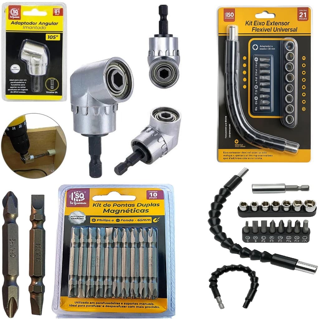 Kit Extensor Eixo Prolongador Parafusadeira + 10 Bits Ponteiras + Adaptador Ângular Cabo Flexível  25cm + 10 bits