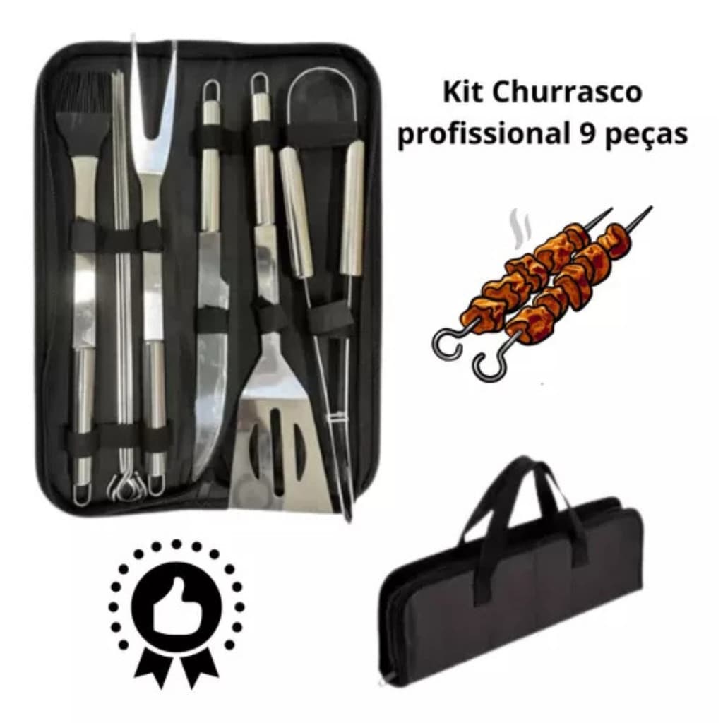 Jogo 9 Peças Inox Churrasqueiro Profissional Com Bolsa Estojo Reforçda Preta