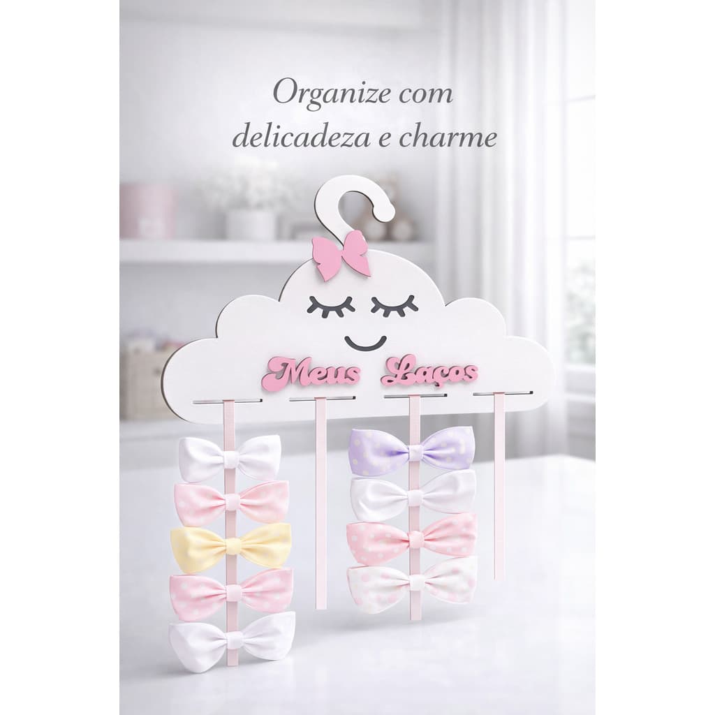 Kit Porta Laços Nuvem Rosa Infantil Com 10 Cabides
