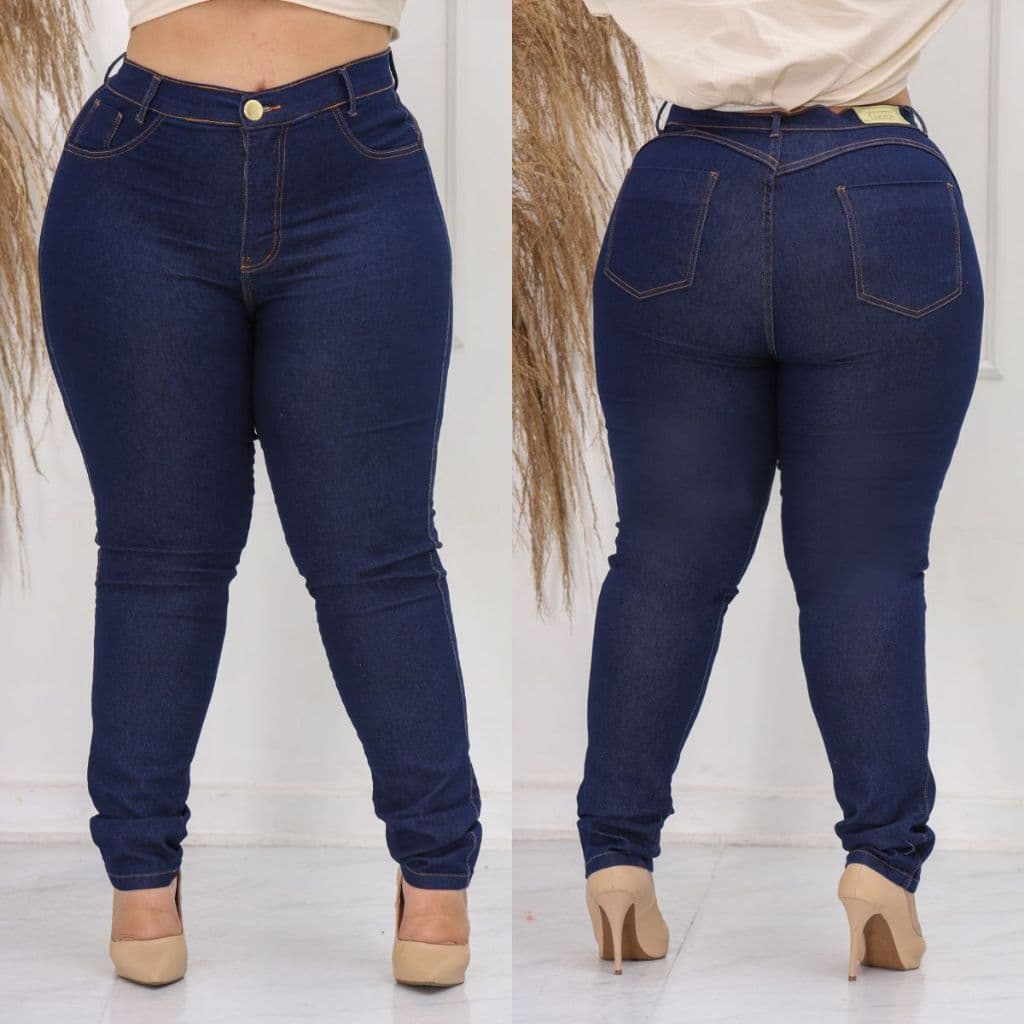 Calça Jeans Feminina Plus Size Skinny Com Lycra Cintura Alta Elastano Costura Reforçada