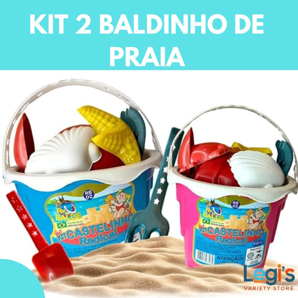 Kit 2 Baldinhos de Areia Praia Infantil Completo Castelinho de Areia Piscina Verão 7 Peças Criança
