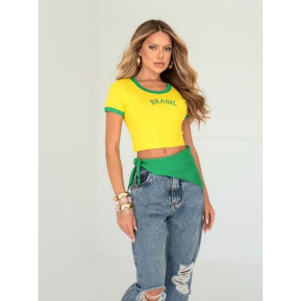 Cropped Brasil Feminino Manga Curta Canelado Croped Copa Verde Amarelo Baby Tee Bordado Hailey