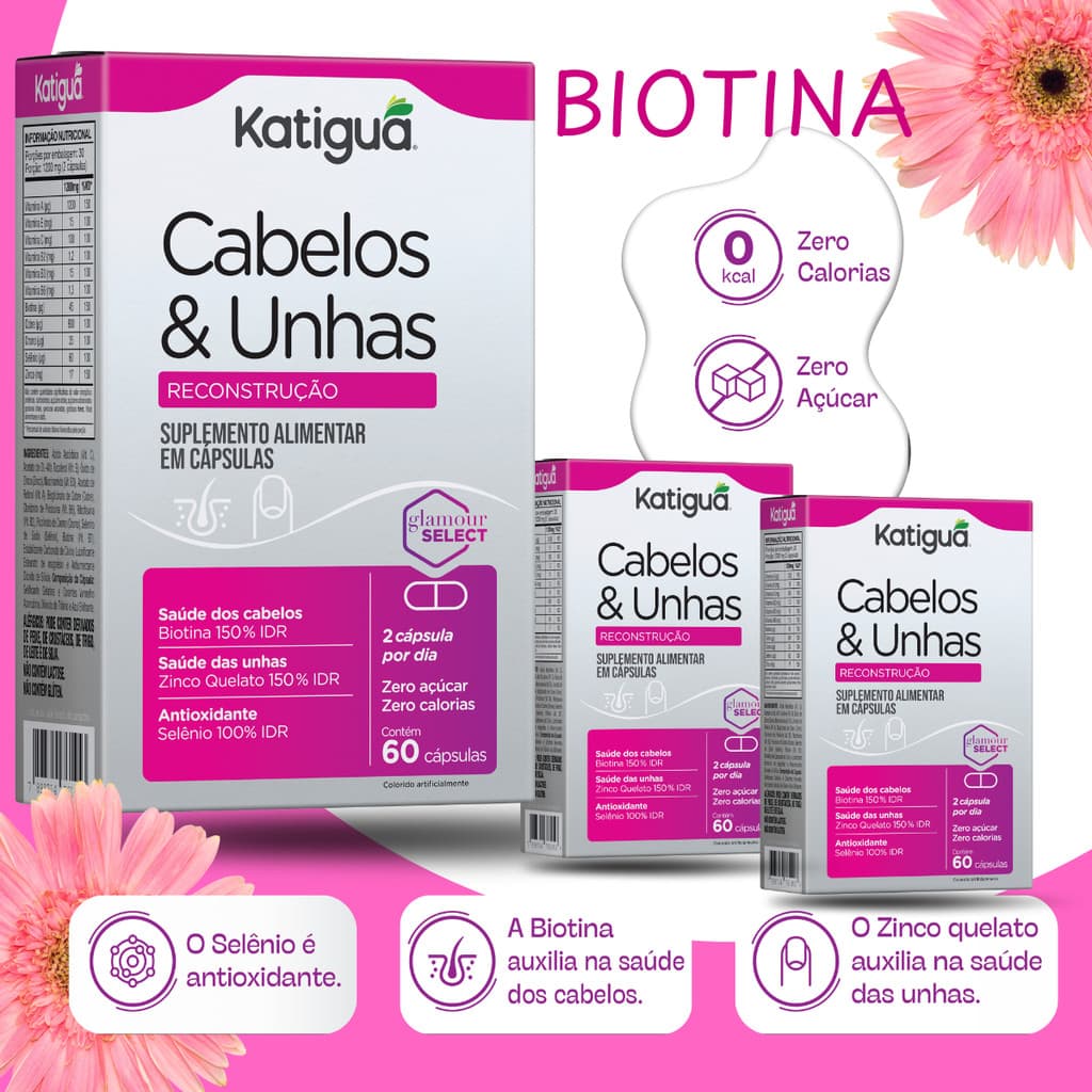 Kit 3 Multivitamínico Cabelos e Unhas Biotina B6 Selênio Cromo Zinco 60 Cápsulas