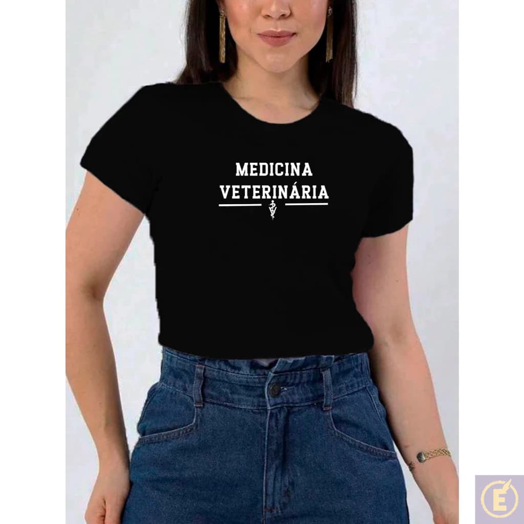 Blusa Feminina Medicina Veterinária Baby Look Estampada Faculdade com Brasão 100% Algodão