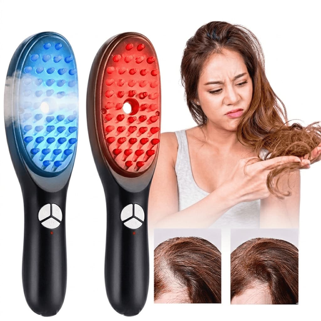 Pente Massageador Elétrico LED Azul e Vermelha Terapia Capilar Fios