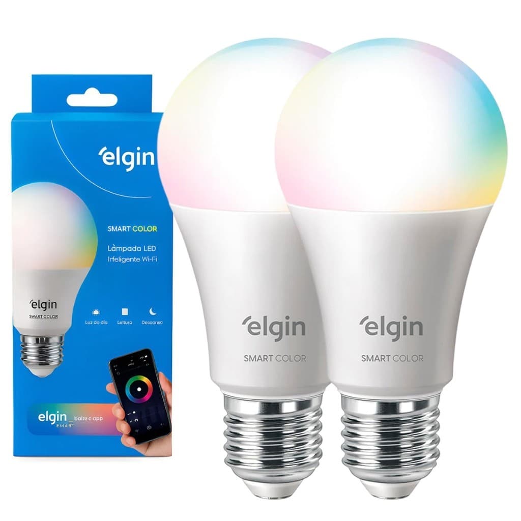 Kit 2 Lâmpadas Inteligente Elgin 10W Bulbo LED Smart Color RGB Wifi Compatível com Alexa