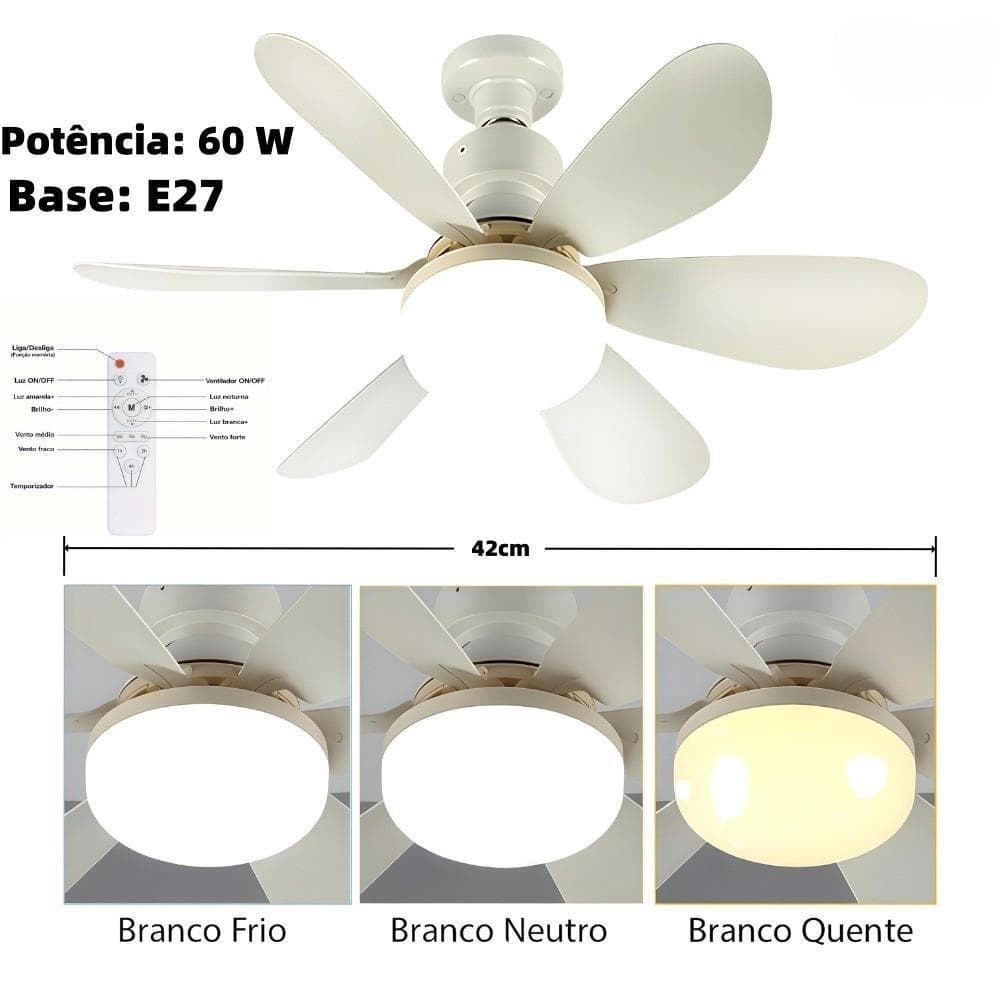 Ventilador De Teto 60W Lâmpada 3 Cores E27 Silencioso 42CM Largura Bivolt 2 Em 1 Controle Remoto