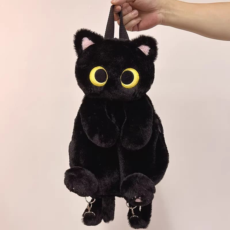 Kawaii Olhos Grandes Gato Mochila De Pelúcia Para Mulheres Versátil Dos Desenhos Animados Engraçado Preto Crossbody Saco