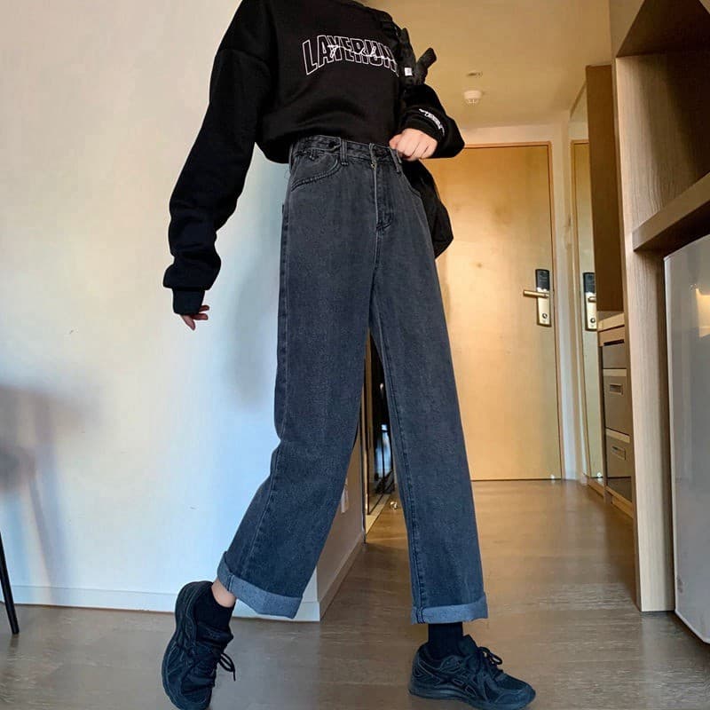 Calças de brim retas femininas outono inverno novo estilo versão coreana cintura alta exterior Wear solto mais magro olh