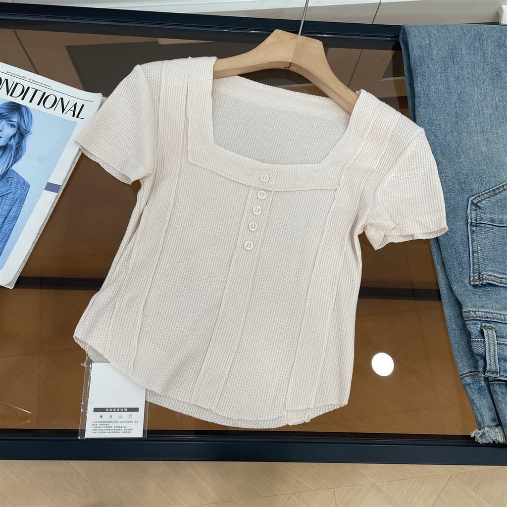 Primavera Festival entrega camisa verão nicho All-Match moda manga curta pescoço quadrado fino transparente topo feminin