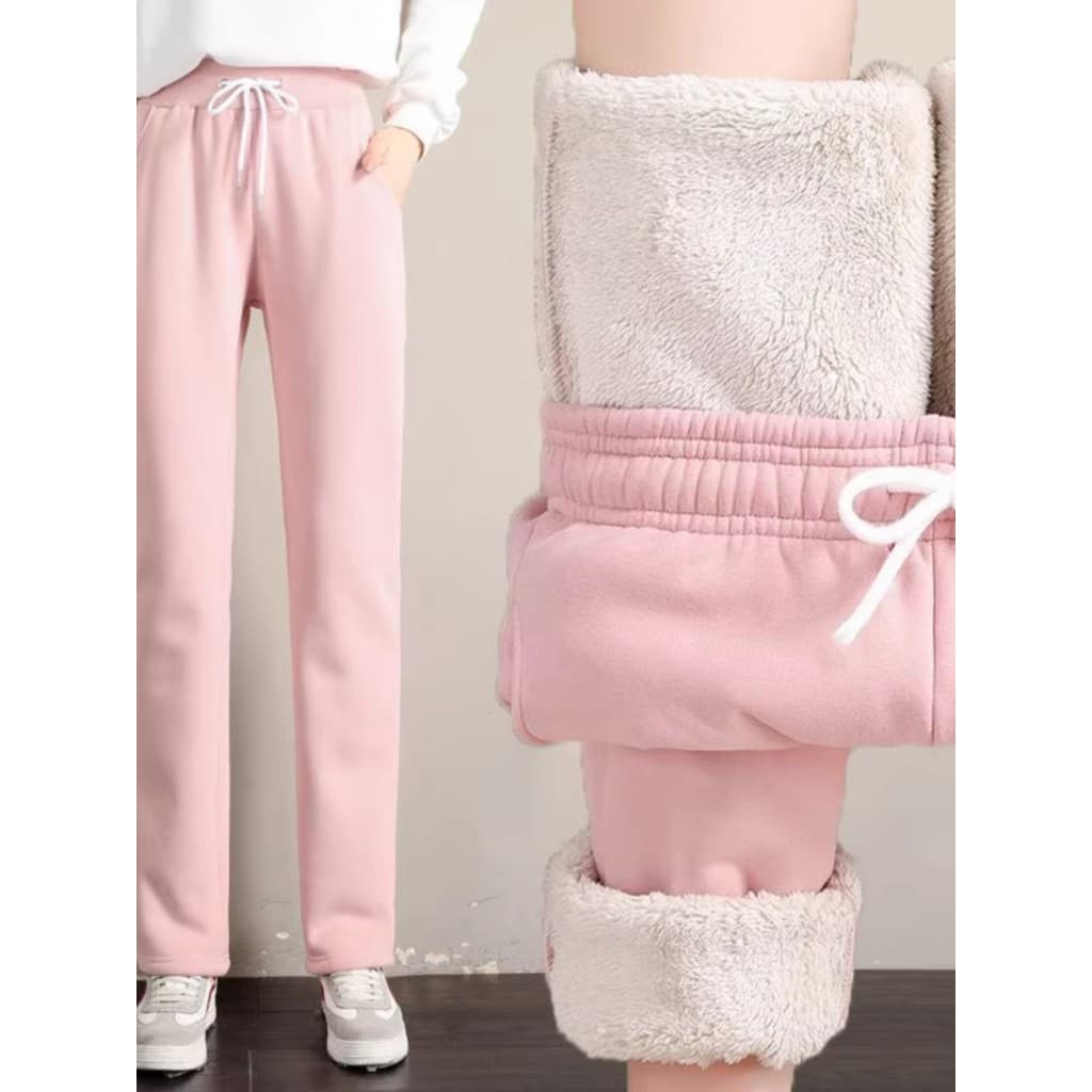 Rosa calças esportivas femininas outono inverno 2024 em linha reta solta Casual Sweatpants forro de lã calças pequenas m