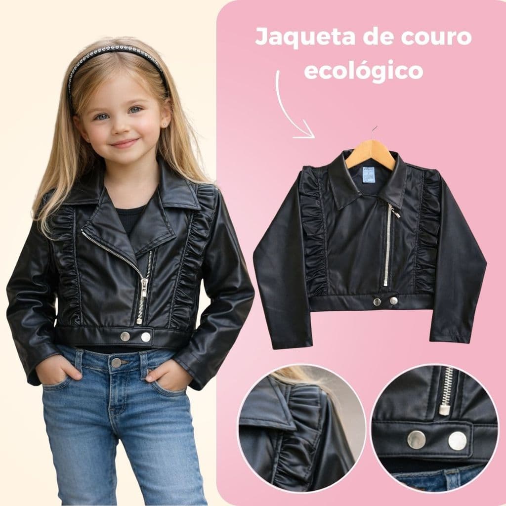 Jaqueta Feminina Infantil em Couro Ecologico com zíper Moderna 2 até 10 anos