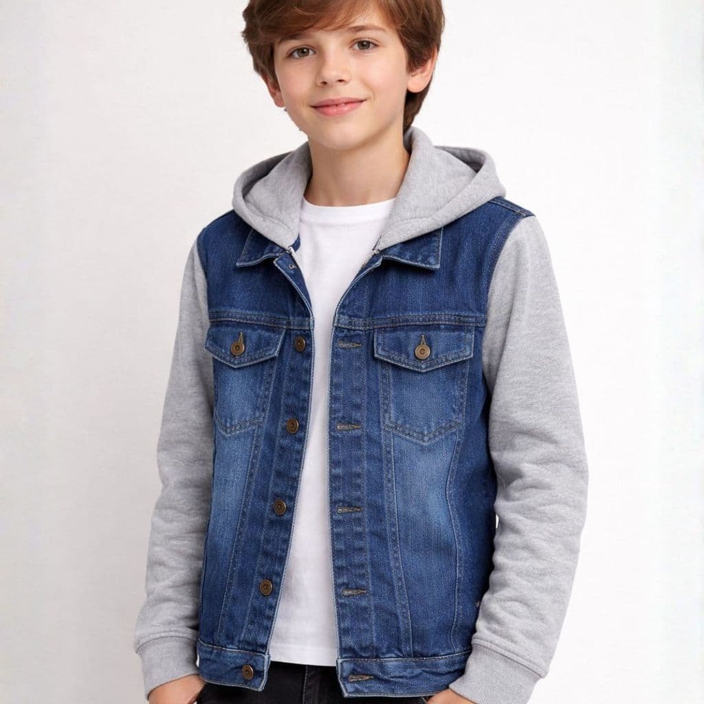 Jaqueta Jeans Infantil Menino com Capuz Peluciada Inverno Casaco Masculino Estiloso