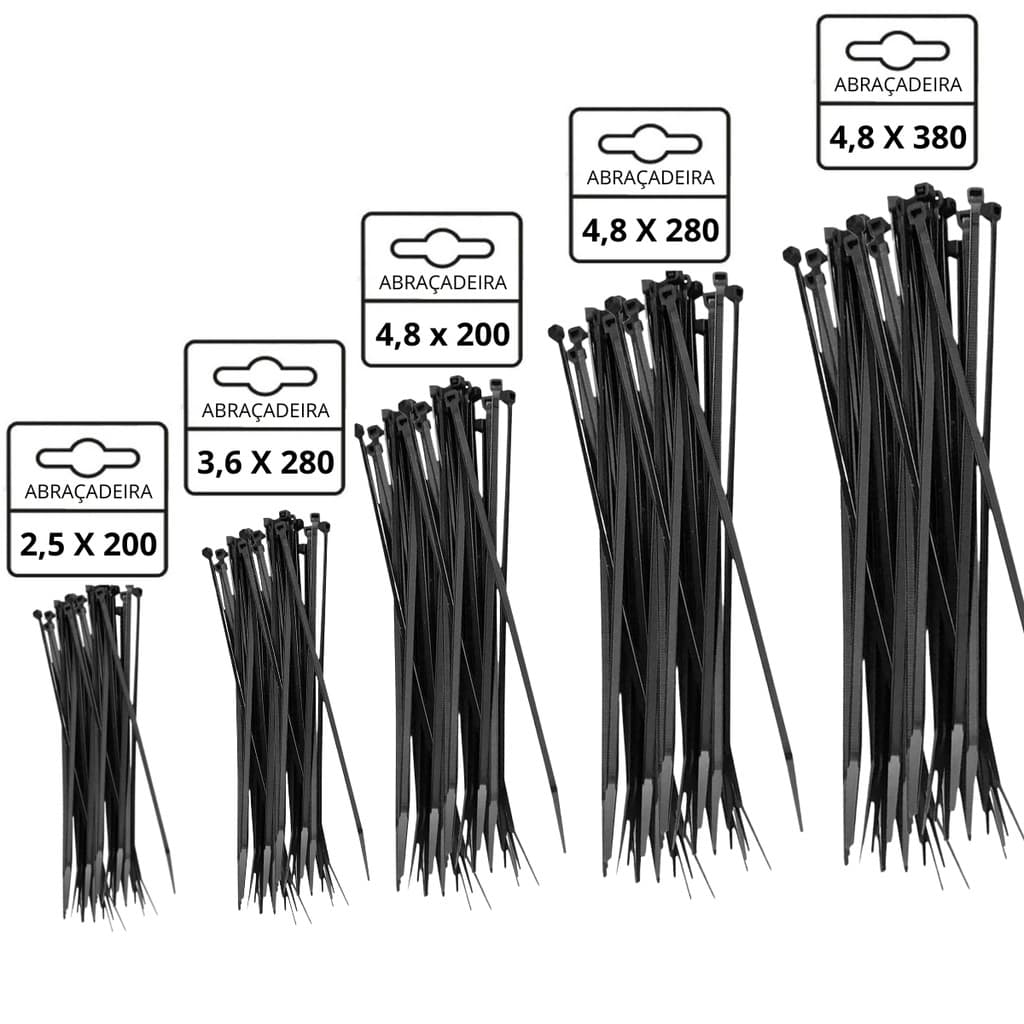 Abraçadeiras Nylon Preto Rohdina Kit 500 Peças 5 Tamanhos Enforca Gato Organização Cabos